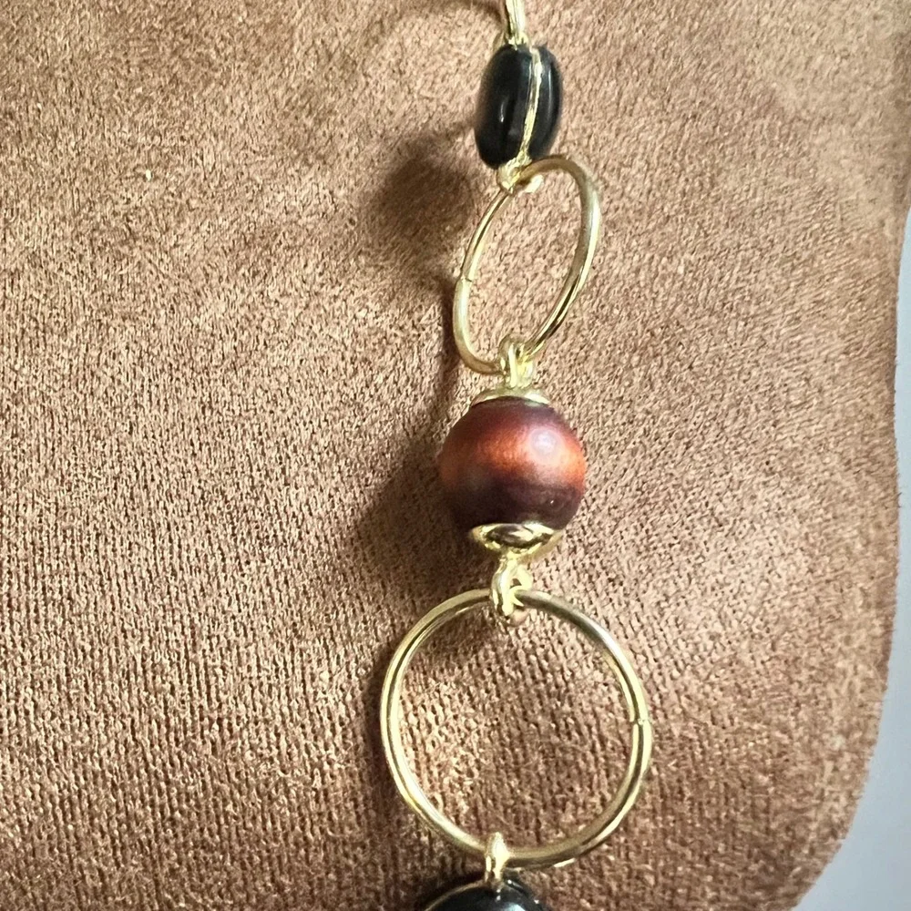 Chico's Long Gold Tone Wood and Black‎ Bead Station Necklace 45